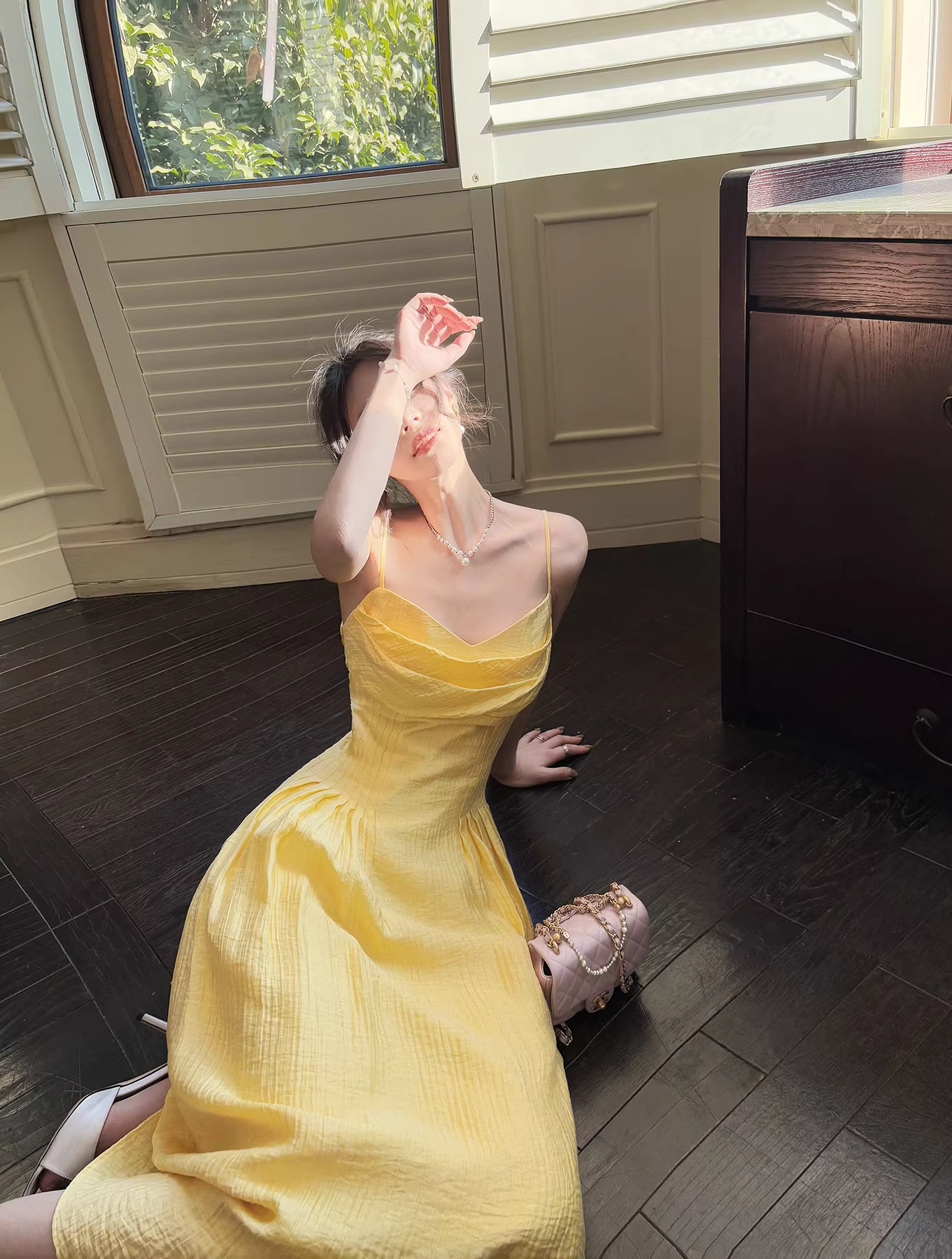 Sweet Spaghetti Straps Yellow Satin A Line Long Party Dress Prom Gowns SP2015