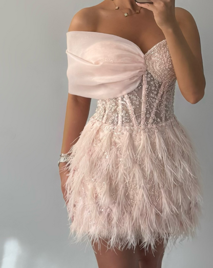 Charming Pink Off The Shoulder Tulle Beaded Feathers Short Graduation Homecoming Dress Birthday Dress SP3142