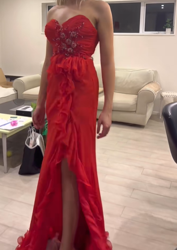 Pretty Strapless Beaded Chiffon Ruffles Mermaid Long Party Dress Red Slit Prom Dresses SP415