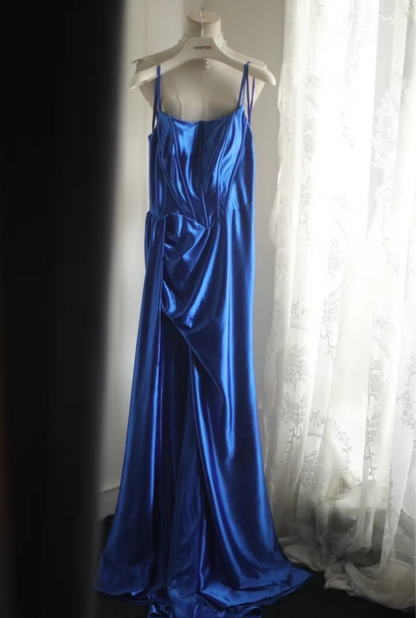 Classy Blue Spaghetti Straps Satin Pleated Mermaid Long Party Dress Birthday Prom Dresses SP1201