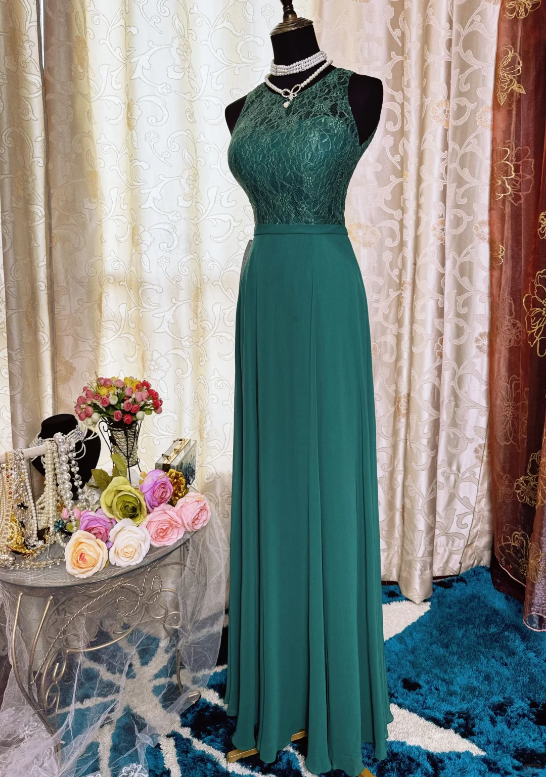 Vintage Green Sleeveless Chiffon Lace A Line Long Wedding Guest Dress Backless Party Dress SP2192