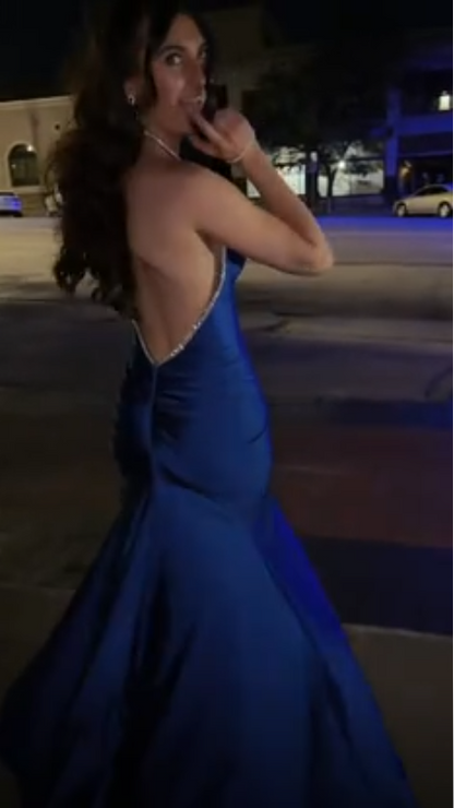 Elegant Blue Backless Party Dress Halter Satin Beaded Memriad Long Evening  Dress SP4230