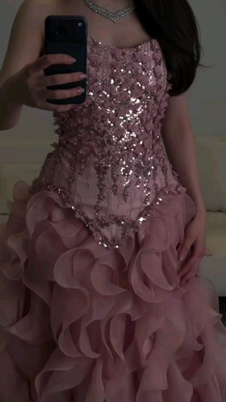 Gorgeous Pink Satin Sequin Beaded Tulle Ruffles Long Party Dress Strapless Long Prom Gown SP3947