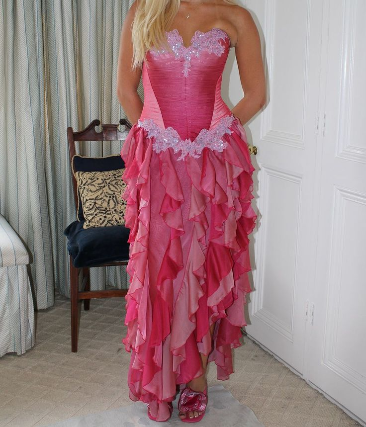 Vintage Hot Pink Lace Chiffon Ruffles Evening Dress,Strapless Prom Dress Y8252