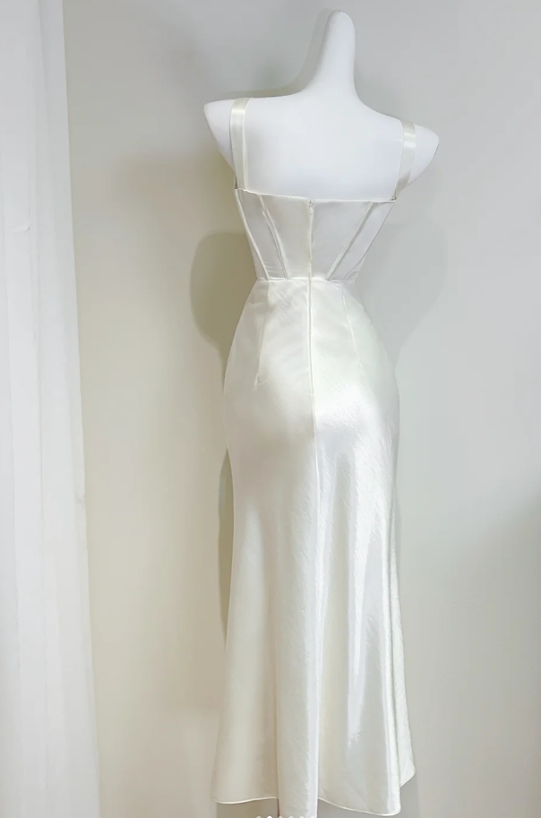 Charming Ivory White Satin Pleated Mermaid Long Bridesmaid Dress SP427