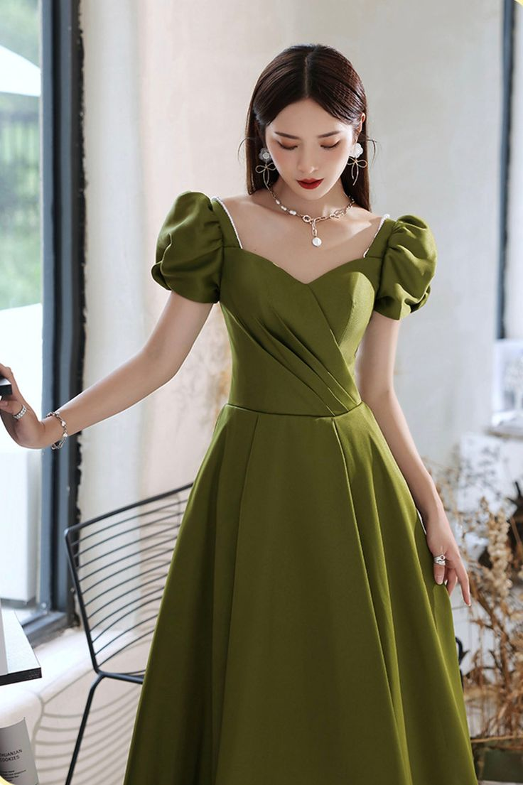 Green Satin Long Prom Dresses, A-Line Evening Dresses Y7097