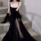 Black Mermaid Sequins Prom Dress Spaghetti Straps Sleeveless Beading Party Gown  Y4110