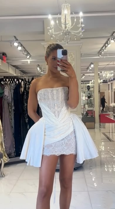 Fairy Strapless White Lace Satin A Line Short 17th Birthday Outfits Homecoming Dress SP3035