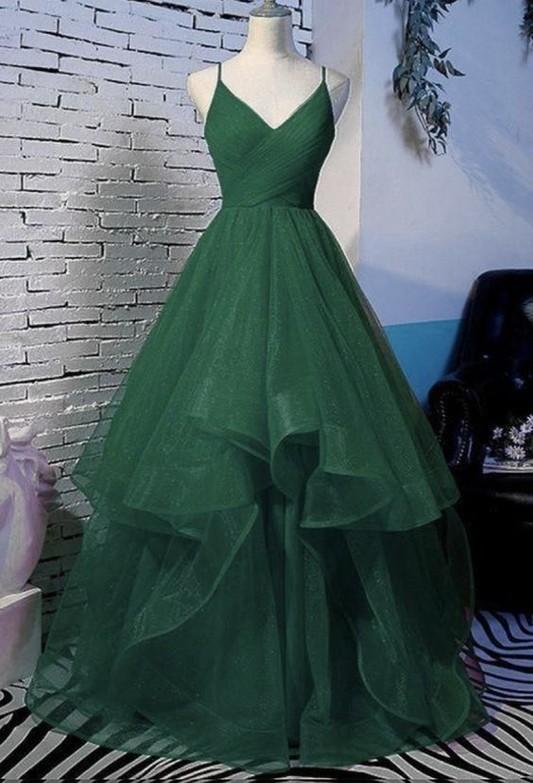 Green A-Line V-Neck Glitter Pleated Long Tulle Prom Dress/Evening Dress Y6440