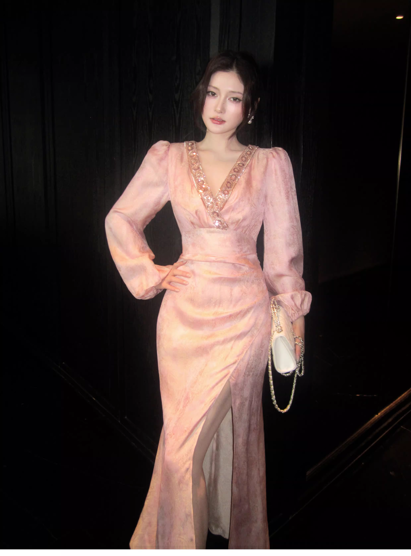 Glamorous V Neck Pink Satin Print Floral Beaded Mermaid Slit Evening Dress Long Birthday Prom Gown SP1542