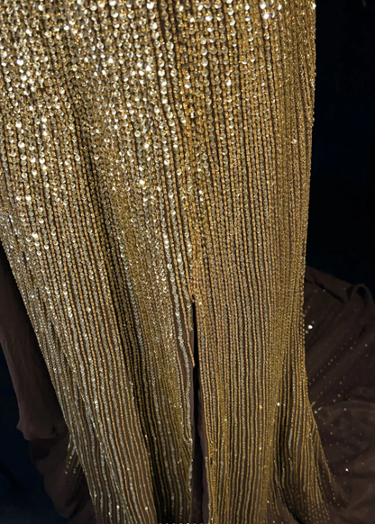 Gorgeous One Shoulder Gold Sequin Beaded Mermaid Long Prom Dress Party Gown SP1857