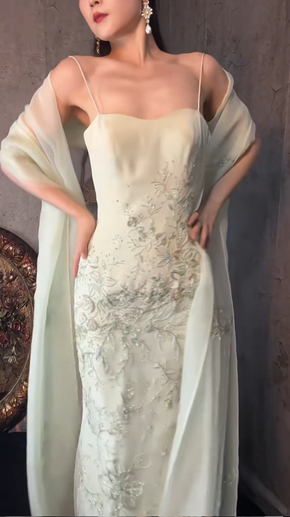 Classy Light Green Spaghetti Straps Tulle Beaded Mermaid Prom Dress Long Birthday Party Dress With Scarf SP1252