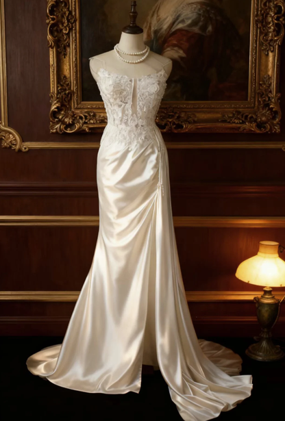 Elegant Strapless White Satin Appliques Mermaid Long Wedding Guest Dress Birthday Party Dress SP1203