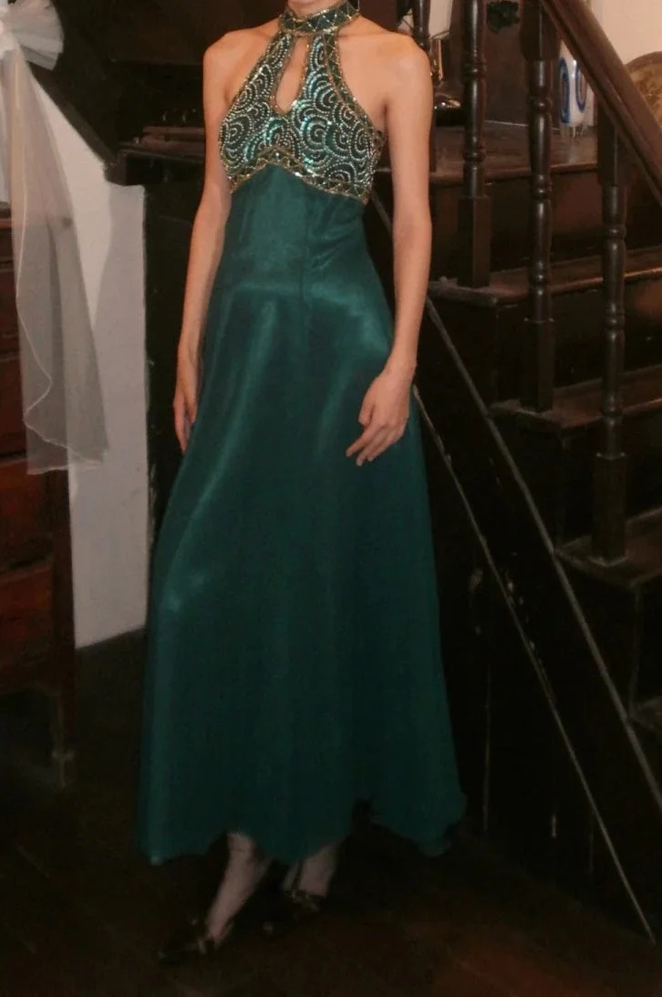 Gorgeous Dark Green Halter Satin Beaded A Line Long Prom Dress Evening Dress SP3916