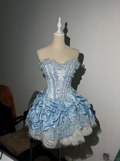 Charming Blue Strapless Satin Lace Sequin A Line Short Homecoming Dress Birthday Dress SP4217