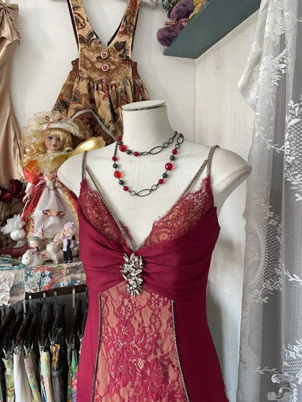 Vintage V Neck Lace Burgundy Long Prom Dress Mermaid Evening Dress Y8779