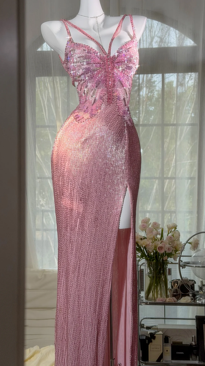 Elegant Spaghetti Straps Pink Butterfly Sequin Beaded Chiffon Slit Mermaid Long Prom Dress Backless Evening Gown SP2182