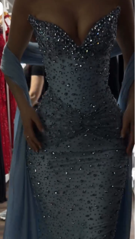 Elegant Strapless Blue Tulle Beaded Mermaid Long Prom Dress Party Dress SP3406