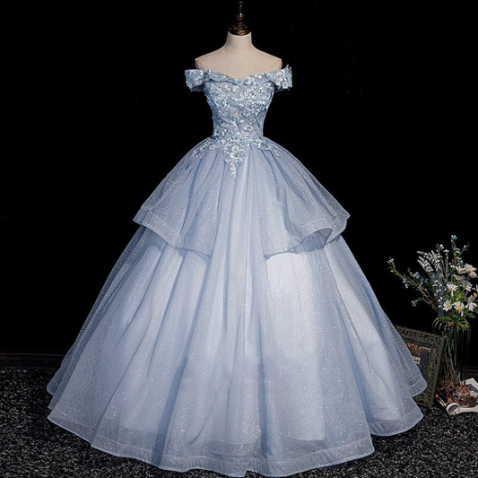 Blue tulle lace long ball gown dress formal dresses Y4208