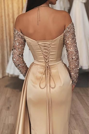 Glitter Champagne Sequin Embellished With Train And High Slit Formal Evening Party Prom Dress Y6940