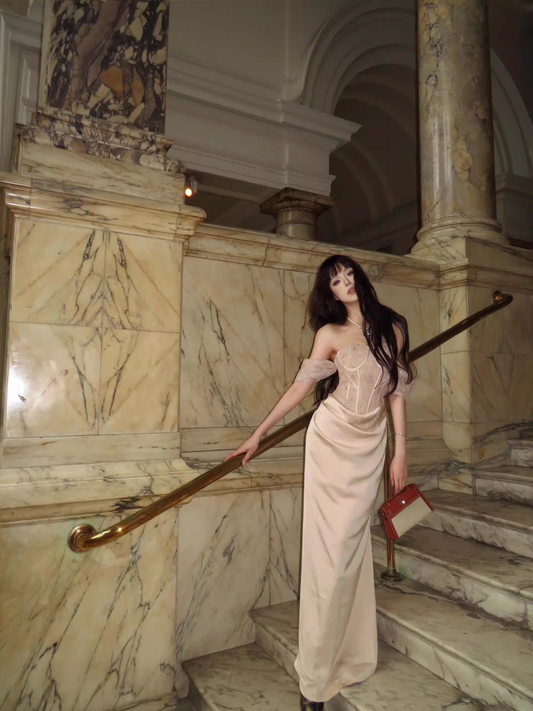 Sexy Off The Shoulder Lace Satin Mermaid Evening Dress Apricot Long 19th Birthday Outfits SP2025