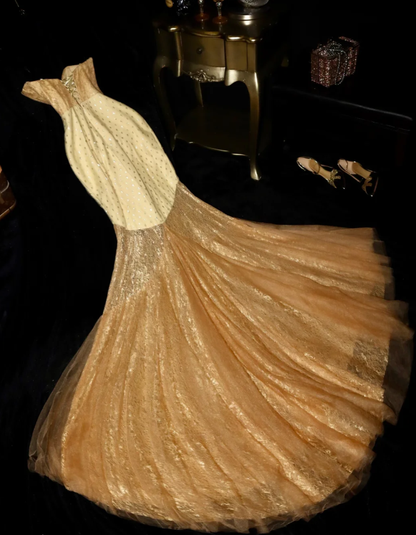 Classy Strapless Champagne Gold Tulle Lace Sequin Long Mermaid Party Dress SP679