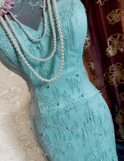 Glamorous Sleeveless Mint Green Lace Beaded Mermaid Long Prom Dress Formal Birthday Evening Gown SP1893