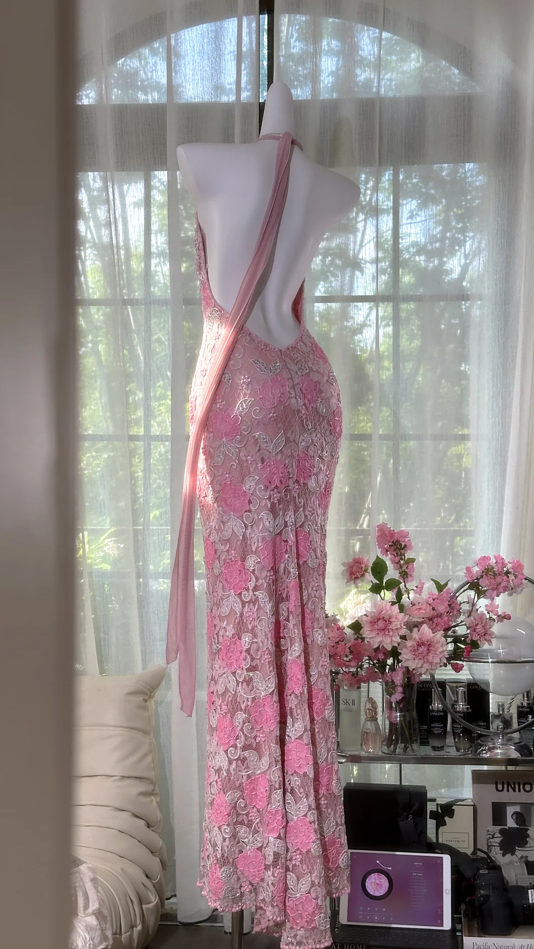 Pretty Pink V Neck Lace Floral Sheath Long Evening Dress Backless Long Birthday Party Gown SP665