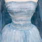 Dream Blue Tulle Beaded A Line Prom Dress,Long Evening Dress Y8691