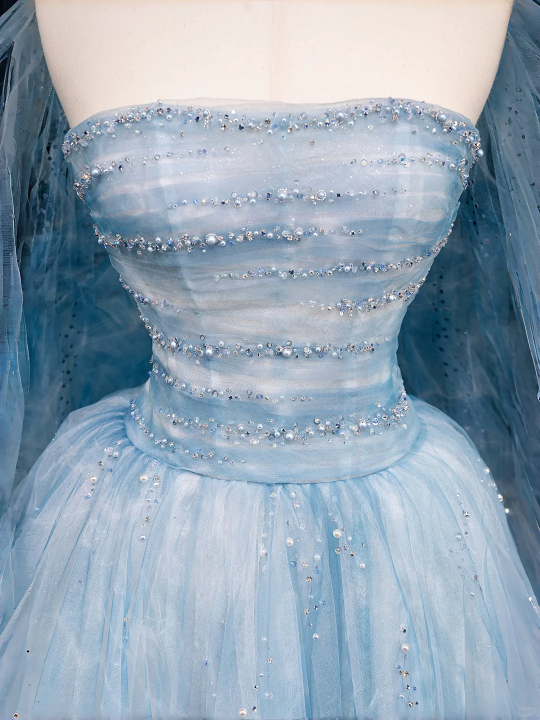 Dream Blue Tulle Beaded A Line Prom Dress,Long Evening Dress Y8691