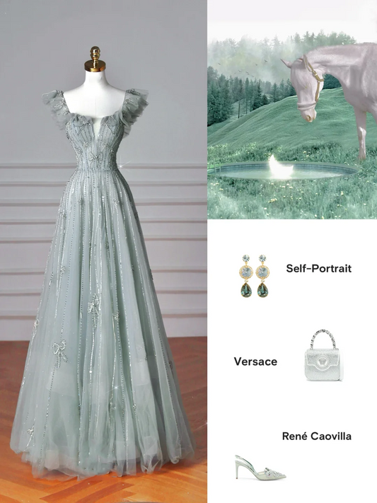 Pretty Light Green Square Neck Tulle Beaded Prom Dress,A Line Evening Dress Y8612
