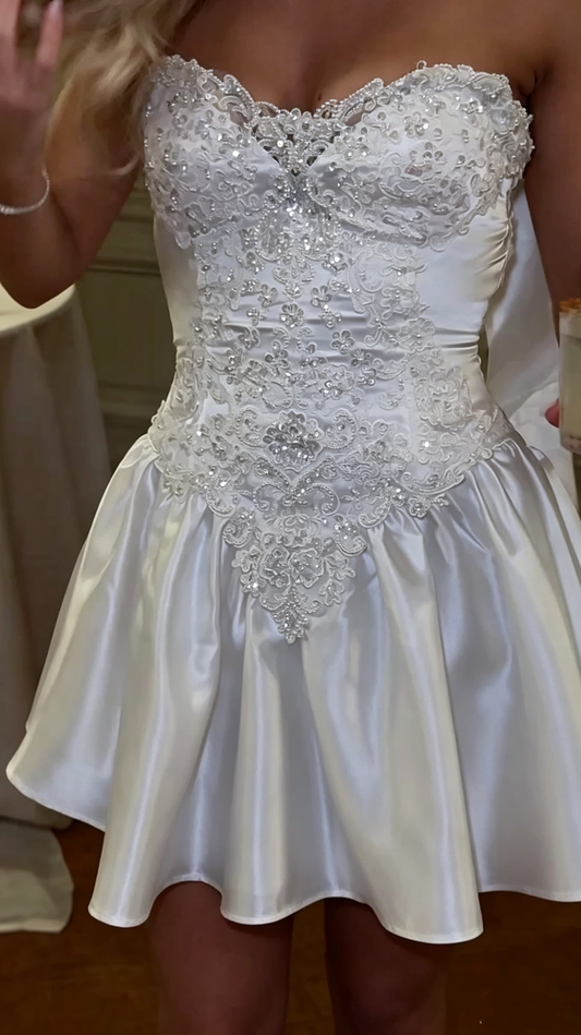 Elegant Strapless White Satin Appliques Beaded A Line Short Graduation Homecoming Dress SP2996