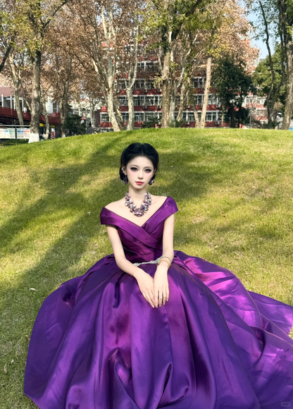 Gorgeous Off The Shoulder Ball Gown Purple Satin Beaded Long Party Dress Prom Gown SP2068