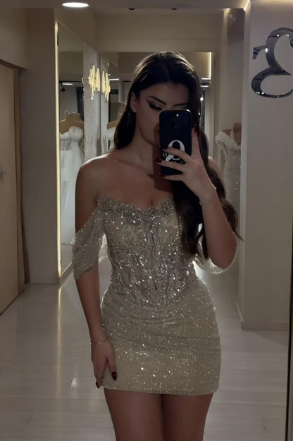 Glitter Champagne Off The Shoulder Sequin Beaded Sheath Short Homecoming Dress Cocktail Dress SP2622