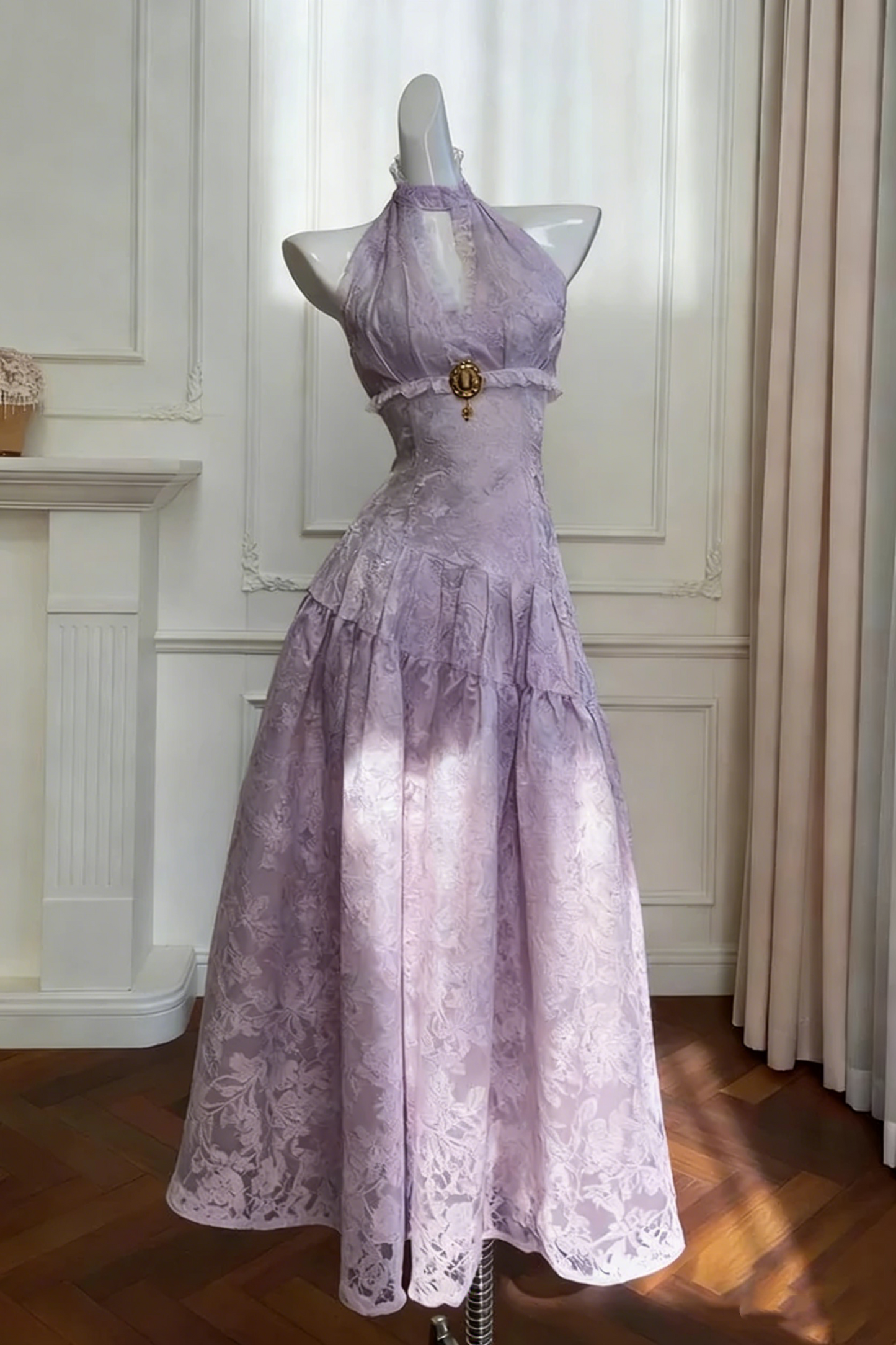 Cute Pink Halter Satin Lace Floral A Line Birthday Prom Dress Long Party Gown SP1567