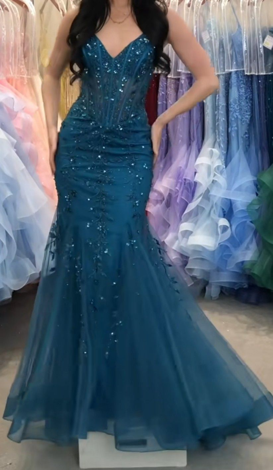Vintage Blue Spaghetti Straps Tulle Beaded Appliques Mermaid Party Dress Long Wedding Guest Dress SP1178