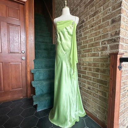 Simple Green Satin Chiffon Evening Dress,Long Prom Dress Y8201