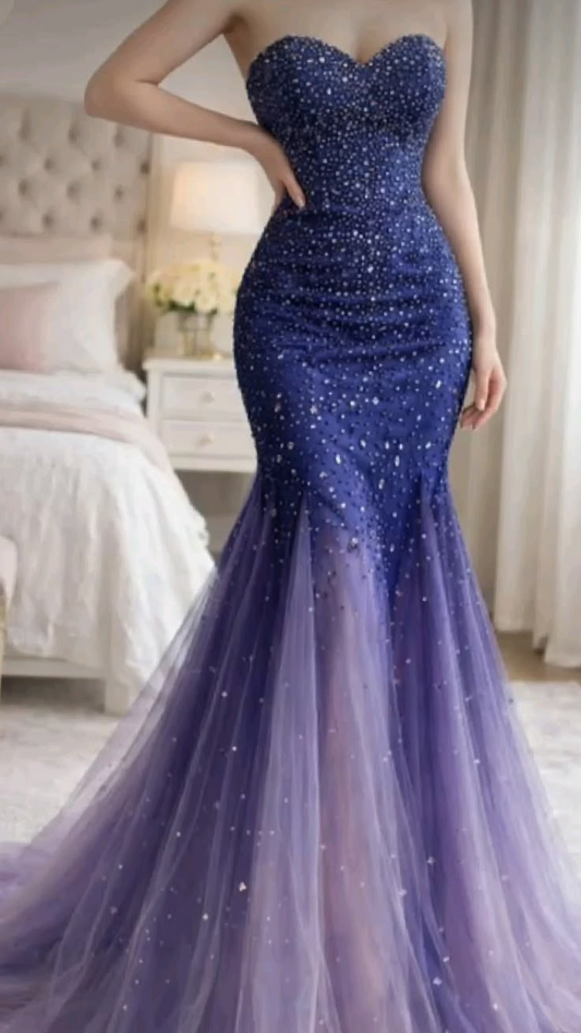 Glamorous Strapless Ombre Purple Tulle Beaded Mermaid Long Prom Dress Birthday Party Dress SP2208