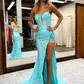 Mermaid/Trumpet Prom Dress High Slit Dress Formal Court Train Sleeveless V Neck Sequin with Slit Appliques Y6090