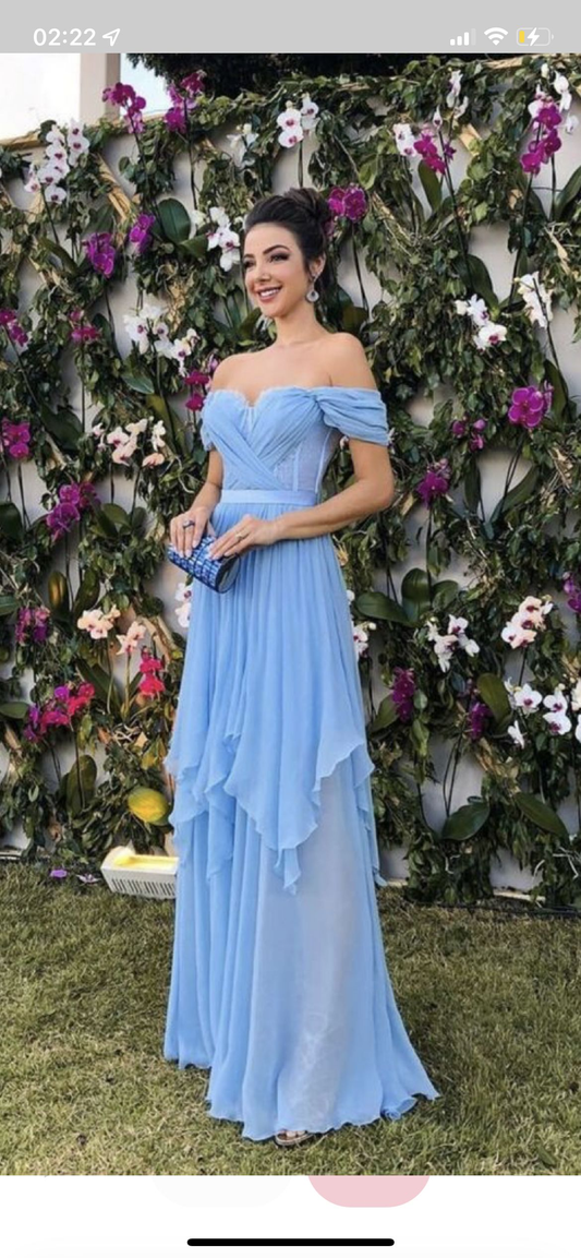 Elegant Off The Shoulder Blue Prom Dress,Wedding Guest Outfit  Y5039
