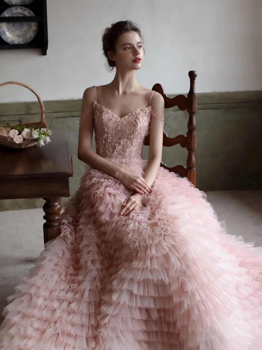 Glamorous Pink Tulle Pleated Tiered Long Party Dress Birthday Prom Dress With Sequins SP4133