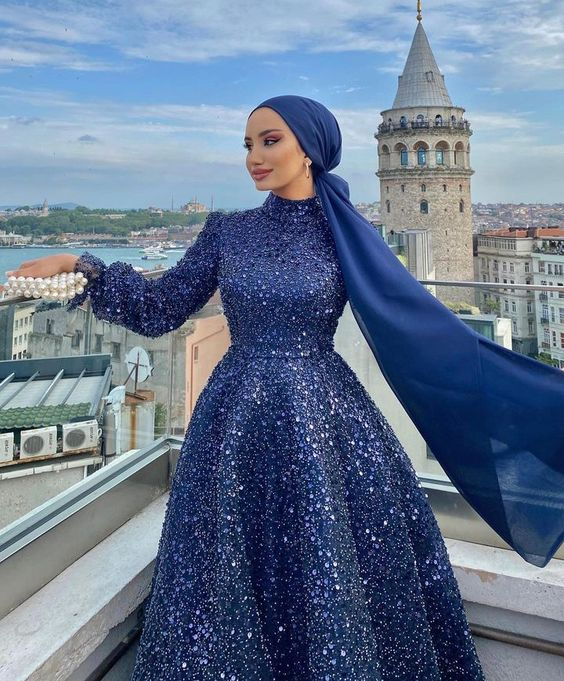Glitter A-line Sequins Prom Dress,Muslim Dress Y7000