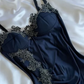 Vintage Navy Blue Satin Lace Appliques Mermaid Evening Dress Prom Dress Y8497