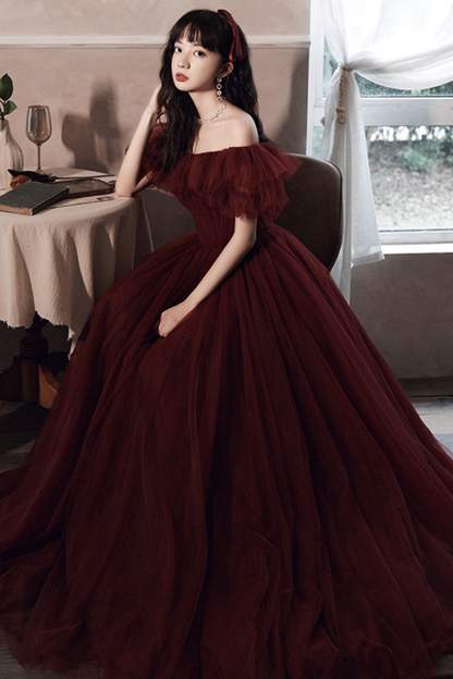 Burgundy Off The Shoulder Tulle Line Prom Dress Evening Dress Y8351
