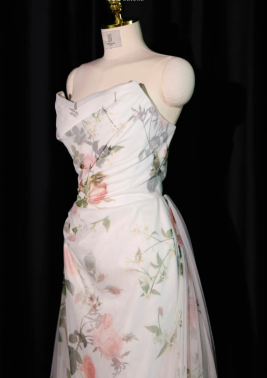 Elegant Strapless White Chiffon Printed Floral Long Prom Dress Birthday Evening Dresses SP2235