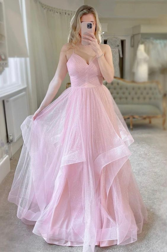 Pink Tulle Long Prom Dresses, Sweet A-Line Evening Dresses Y6591