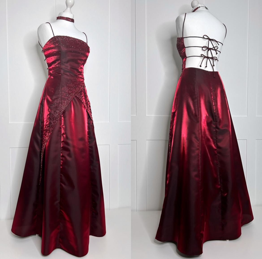 Pretty Spaghetti Straps Burgundy Satin Beaded A Line Long Party Dress Backless Prom Dress SP2249