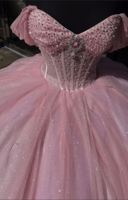Glitter Off The Shoulder Pink Ball Gown,Pink Sweet 16 Dress,Pink Princess Dress  Y7002