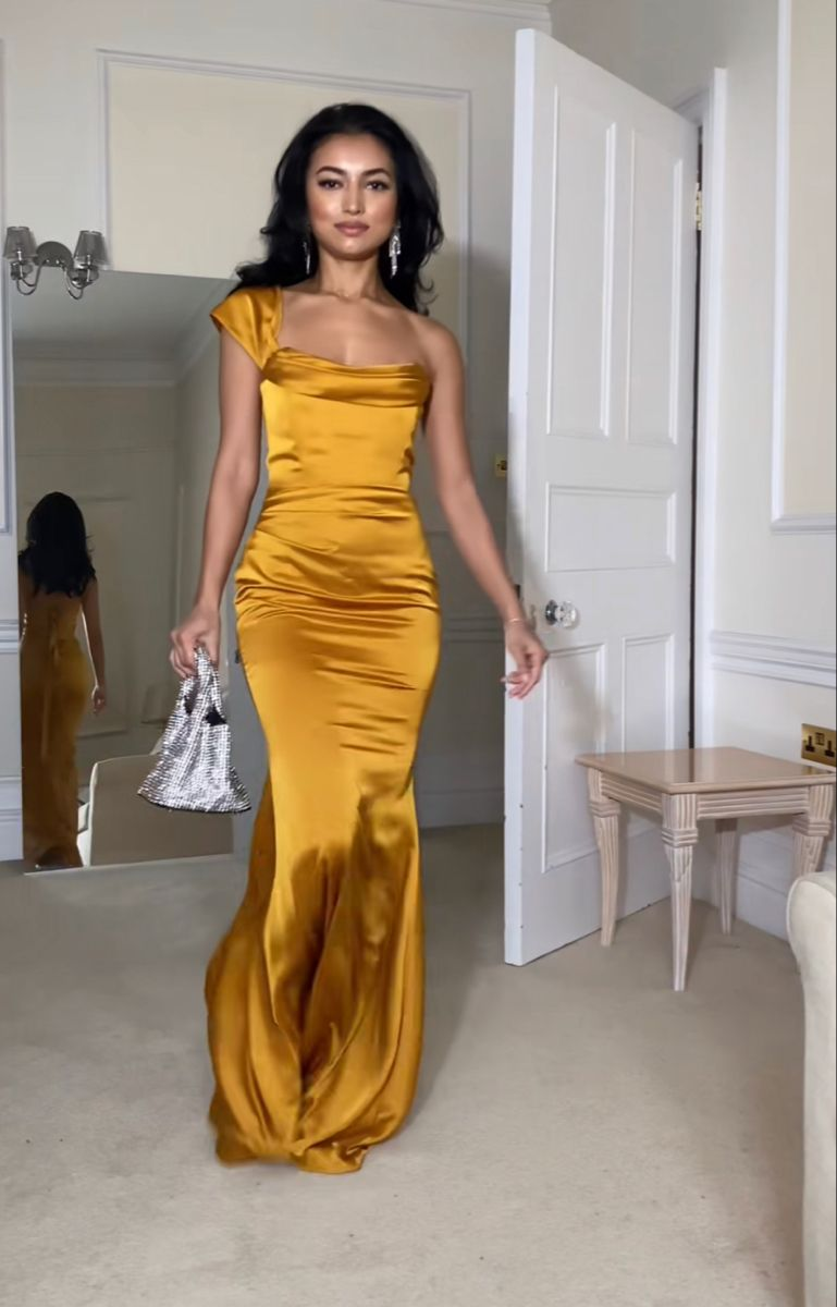 Stylish Yellow One Shoulder Satin Mermaid Long Party Dress Birthday Prom Dresses SP2146