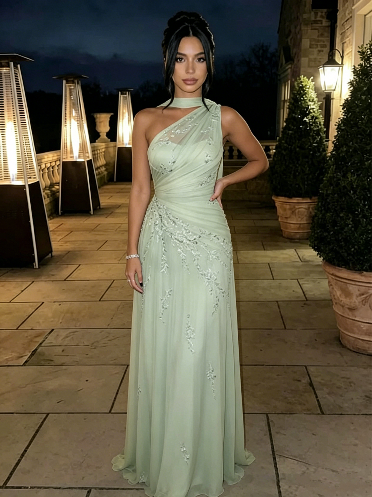 Glamorous Sage Green One-Shoulder Embroidered Chiffon Mermaid Prom Dress Long Evening Dress SP2301